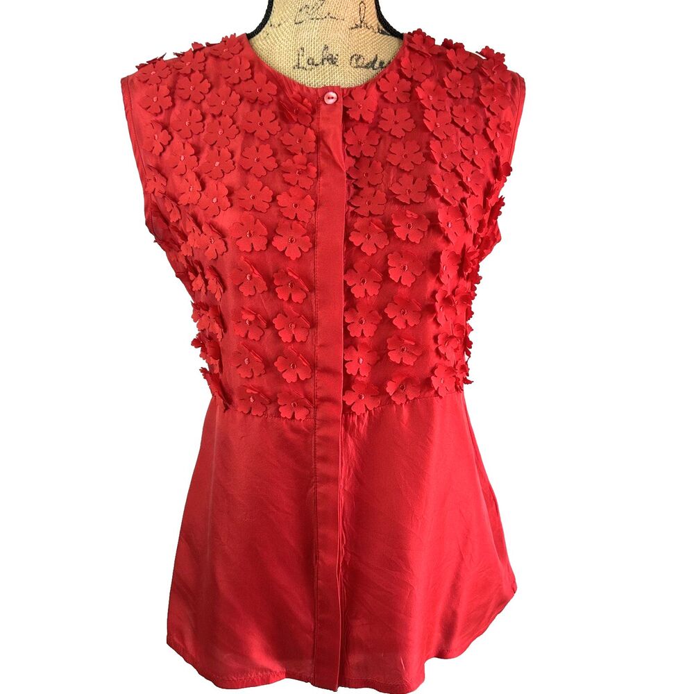 Weekend Maxmara Women Red Silk/Cotton Button Down 3D Floral Detail Blouse Sz M